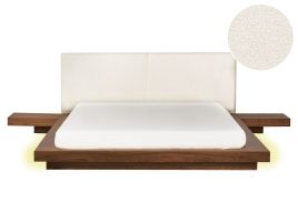 KEWI Bedframe with LED Boucle 160 x 200cm EU Kingsize Bed Brown Ash Wood