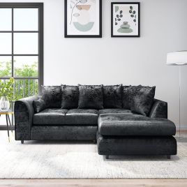 VELOURA Crush Velvet 4 Seater L Shaped Scatterback Corner Sofa - Black, Right Hand Facing