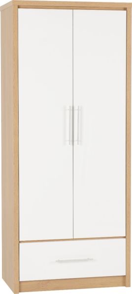Wardrobe - SELSEY 2 Door 1 Drawer Wardrobe White High Gloss with Light Oak 76cm