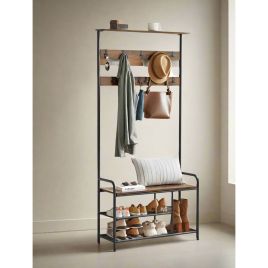 YAVONTE Coat Tree Stand with Bench and Shoe Storage 9 Hooks - Rustic Brown