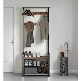 MORVANE Coat Rack 4-in-1 Hallway Stand with Bench and Shoe Storage - Rustic Brown and Black