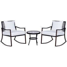 2 Seater Rattan Bistro Set 2 Rocking Armchair with Pillow Cushion & Tempered Glass Round Coffee Table Wicker Weave Furniture, Brown