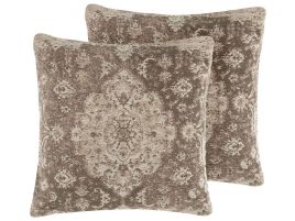 Set of 2 Decorative Cushions Brown Oriental Pattern 45 x 45 cm Distressed Vintage Decor Accessories 