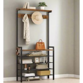 CORTHANE Coat Rack Entryway Stand with Shoe Storage Shelves Hallway Organiser - Rustic Brown