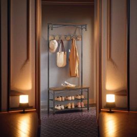 MORVANE Coat Rack Bench with Shoe Rack and Hooks - Rustic Brown and Black