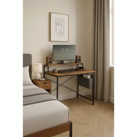 ELDORIA Computer Desk Desk with Monitor Riser, Fabric Pouch and Adjustable Legs - Black