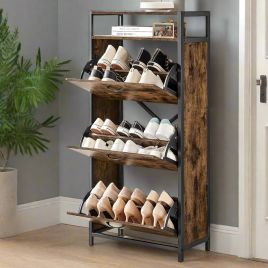 Slim Rustic Brown & Black Shoe Cabinet with 3 Fold-Out Doors - Industrial Style