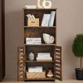 FENVIRA Storage Cabinet Floor Standing Unit with Louvered Doors and Adjustable Shelf - Rustic Brown