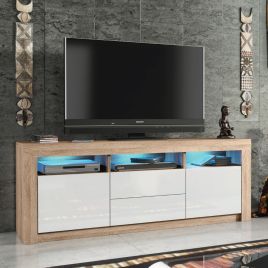 Modern TV Unit with Spacious Storage Cabinet Stand and Free LED Lighting 160cm - Oak and White