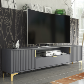 IRWA Modern TV Unit Cabinet Elegant Fluted Doors And Gold Accents 200cm - Grey