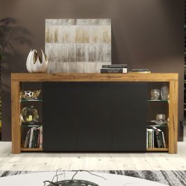 Cabinet Cupboard Sideboard TV Unit with Free LED Lighting and Storage 164cm - Oak and Black