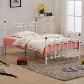 Double Bed - MARISSA 4ft6 Metal Bedframe with Polished Gold Caps - White