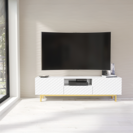 PARTA Modern TV Unit Cabinet Elegant Sideboard with Patterned Doors And Gold Accents 180cm - White