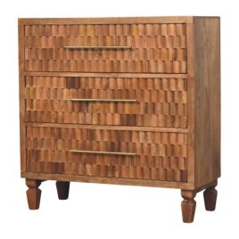 CADIRA Golden Teak Chest of Drawers - Medium-sized, 3 Drawers, Carved