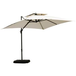 3 x 3M Garden Cantilever Parasol with Crank and Tilt, Square Overhanging Patio Umbrella with 360° Rotation, Base Weights and Cover, Beige