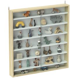 HERON 7-Tier Wall Display Shelf Unit Cabinet w/ 6 Adjustable Shelves Glass Doors Home Office Ornaments 83x80cm, Oak