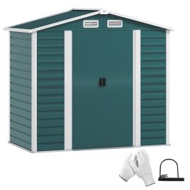 SUNVISTA 7x4ft Garden Storage Shed, Galvanised Steel, Double Doors with Lock, Foundation Kit & Vents, Green