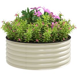 SUNVISTA Galvanised Raised Garden Bed with Safety Edging, Outdoor Raised Planter Box with Gloves, 120 x 120 x 43cm, Cream White