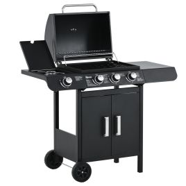 Gas Burner Barbecue Grill 3+1 Burner Garden BBQ Trolley w/ Side Burner Warming Rack Side Shelves Storage Cabinet Piezo Ignition 110x50x100cm