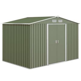 9 x 6 ft Metal Garden Storage Shed Corrugated Steel Roofed Tool Box with Foundation Ventilation and Doors, Light Green