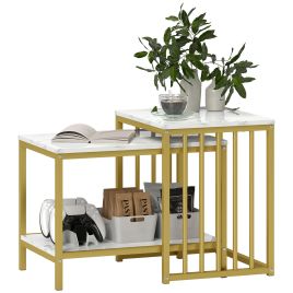 HERON Modern Coffee Table Set of Two, Marble-Effect Nesting Side Tables with Steel Frame for Living Room, Gold Tone
