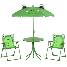 Kids Folding Picnic Table and Chair Set Frog Pattern with Removable & Height Adjustable Sun Umbrella, Green
