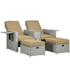 5PC PE Rattan Sun Lounger, Outdoor Wicker 5-level Adjustable Recliner Sofa Bed with Storage Side Table Footstools, for Patio, Garden, Beige