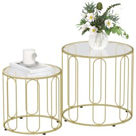 HERON Round Coffee Table Set of 2, Glass Nest of Tables with Metal Frame and Tempered Glass Tabletop, Modern Side Tables for Living Room, Gold Tone