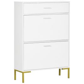Modern Shoe Cabinet with 2 Flip Doors, Drawer and Adjustable Shelf, Hallway Shoe Cupboard Storage Organizer for 12 Pairs of Shoes, White