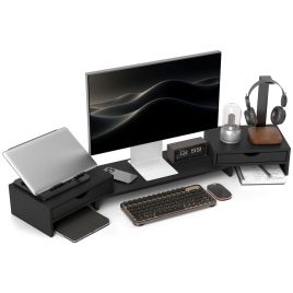 HERON Dual Monitor Stand Riser with 2 Drawers, Adjustable Length and Angle, 116cm Monitor Riser for Laptop, Computer, PC, Small Printer, Black