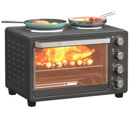 HERON 28L Mini Oven with 2 Hot Plates, Countertop Toaster Oven, Grill, Roast, Bake, Boil, with Timer, Black