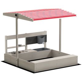 Kids Wooden Sandbox w/ Canopy, Kitchen Toys, Seat, Storage, for 3-7 Years Old Outdoor Play