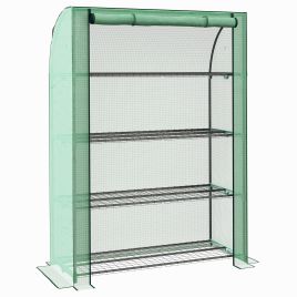 4 Tier Mini Greenhouse with Reinforced PE Cover, Portable Green House w/ Roll-up Door and Wire Shelves, 170H x 120W x 50Dcm, Green