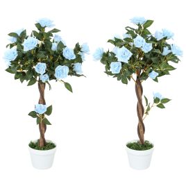 SUNVISTA Set of 2 Artificial Plants White Rose Floral in Pot, Fake Plants for Home Indoor Outdoor Decor, 90cm, Light Blue
