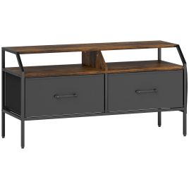 HERON TV Stand Cabinet for 55 inch TVs 2 Foldable Fabric Drawers Console Table - Rustic Brown