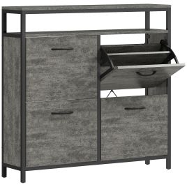 FOOSTRA 4 Drawer Shoe Storage Cabinet Flip Doors Open Shelf - Cement Grey
