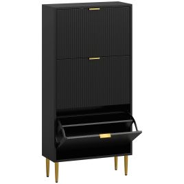 STASHOE 3 Drawer Tallboy Narrow Shoe Cabinet Flip Doors - Black