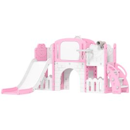 AIVAGO 7 in 1 Toddler Slide Set with Basketball Hoop Climbing Frame Drawing Board - Pink