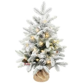 MARQUE Small Christmas Tree Plastic Tabletop Prelit with Pine Cones and Linen Base - Green