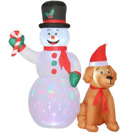 SELMARITH 6FT Christmas Decor Inflatables Snowman with Dog with Built-in LED Lights and Flashing Light - White