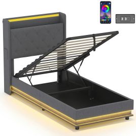 Valford Single Ottoman Storage Fabric Bedframe with LED Light - Dark Grey