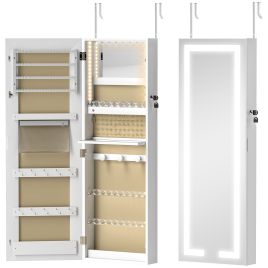 BENTHAM Lockable Wall Mounted Jewellery Cabinet with Full Length LED Mirror and Storage - White