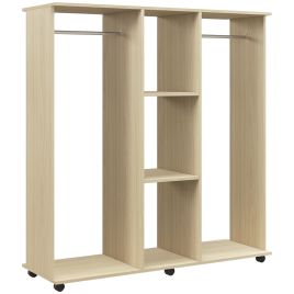 BRENTFORD Double Open Wardrobe with Mobile Storage Shelves and 6 Wheels - Natural Wood Finish