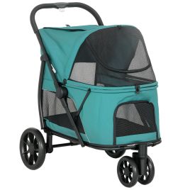 TUXFORD 3 Wheel Dog Stroller with Dual Entry, Quick Fold, Mesh Windows and Washable Cushion - Dark Green and Black