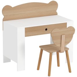 AMBERSIDE Bear-Themed Kids Desk and Chair Set with Drawer - Natural