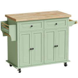 BLOOMHILL Rolling Kitchen Island with Rubberwood Top and Drawers - Light Green