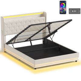 COMETLEY 5ft King Bed Frame with Hydraulic Storage, LED Lights and Charging - White