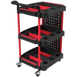 COMET 3-Tier Rolling Tool Cart with Pegboard, Hooks and Brakes - Black and Red