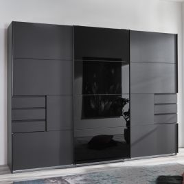 SOGO 3 Door Mirrored Sliding Wardrobe with 6 Drawers Black - 270cm