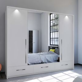 LINDSEY 4 Door Mirrored Wardrobe with 3 Drawers White - 255cm